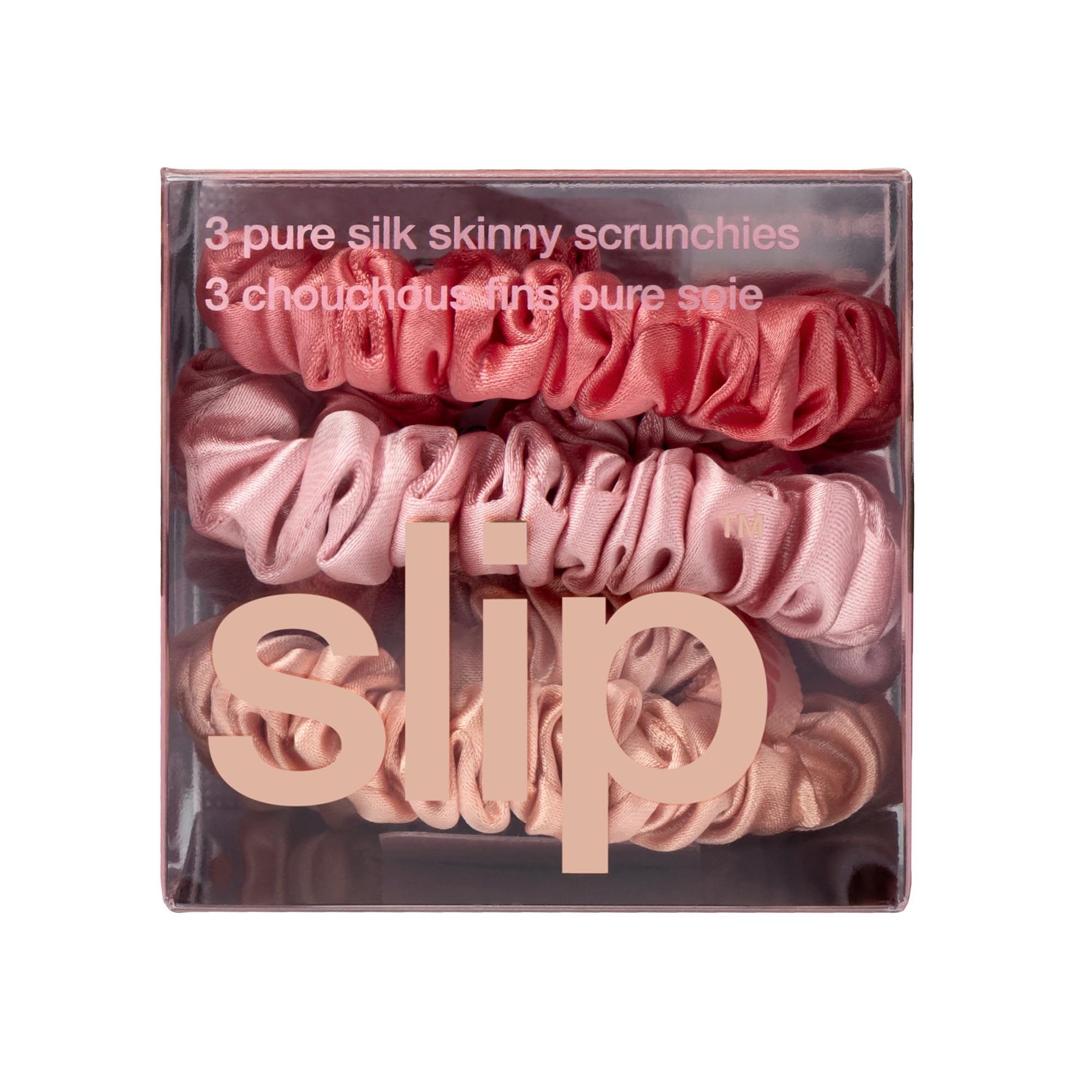 SLIP packaging and contents with three silk skinny scrunchies displayed