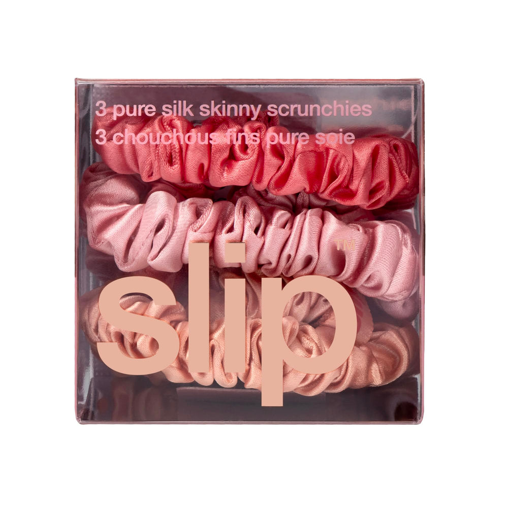 SLIP packaging and contents with three silk skinny scrunchies displayed