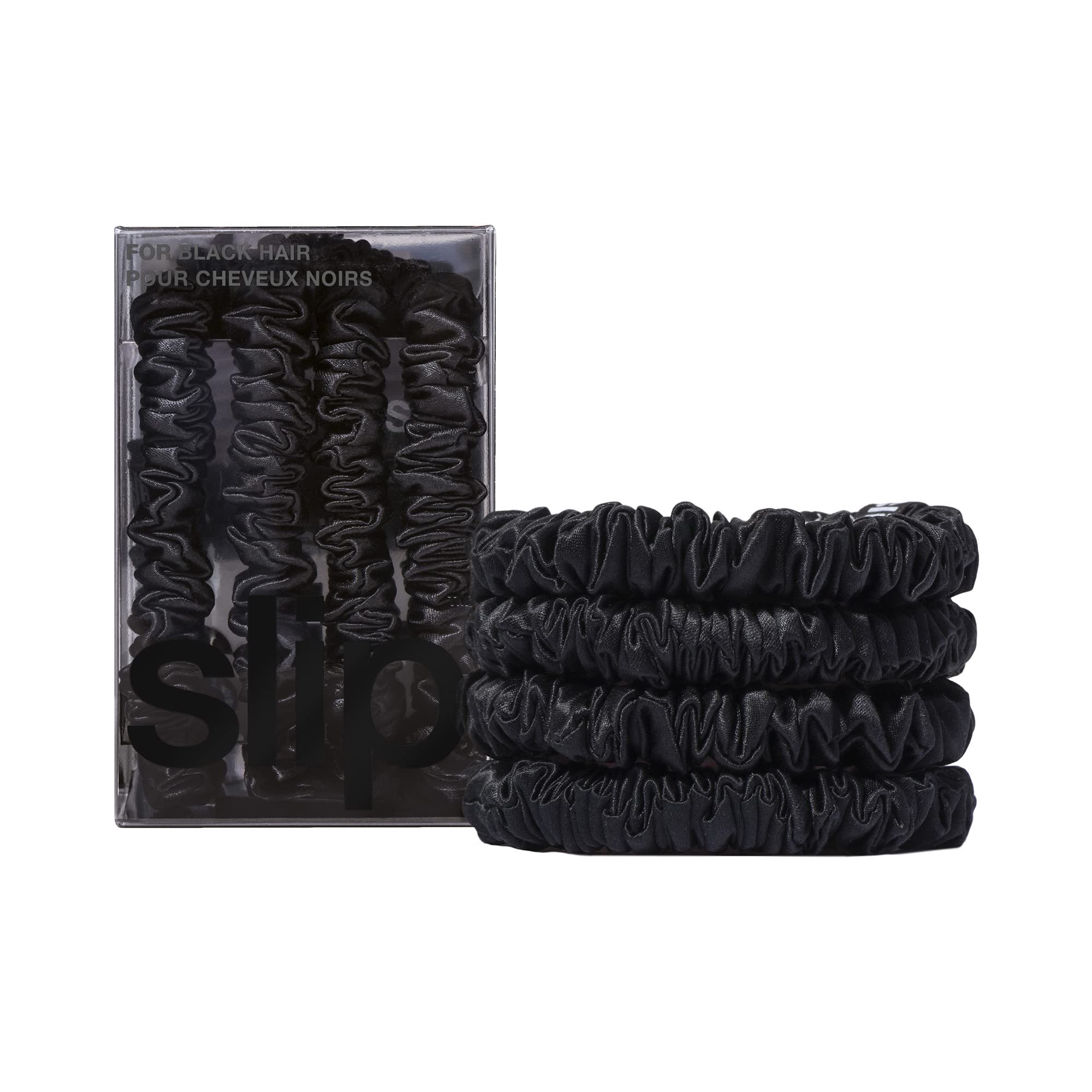 SLIP black scrunchies front packaging showing set of four, sleek protection