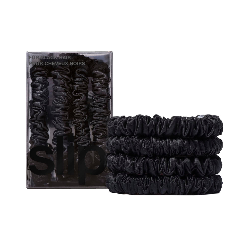 SLIP black scrunchies front packaging showing set of four, sleek protection