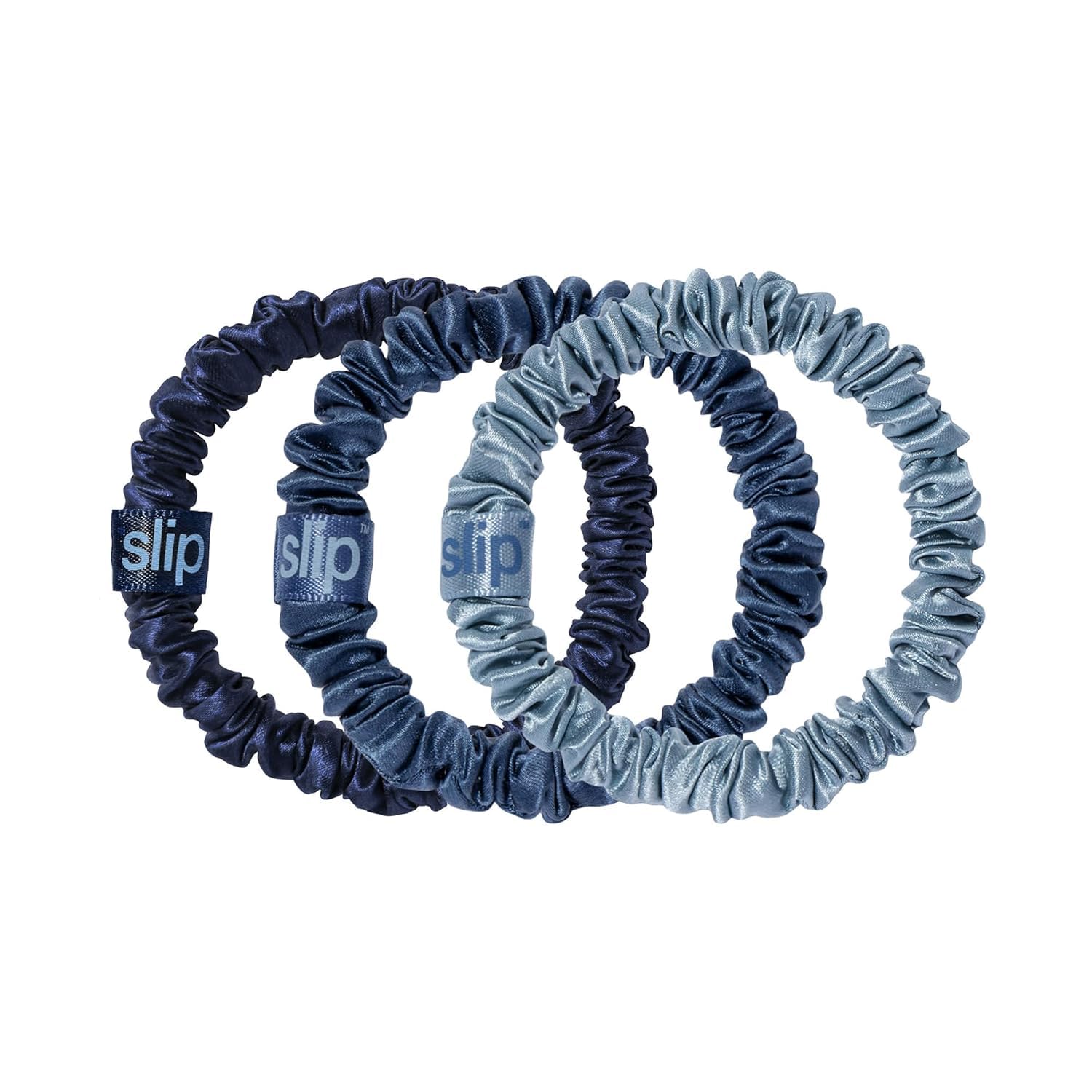 SLIP front view of three skinny silk scrunchies showing colors and packaging benefits