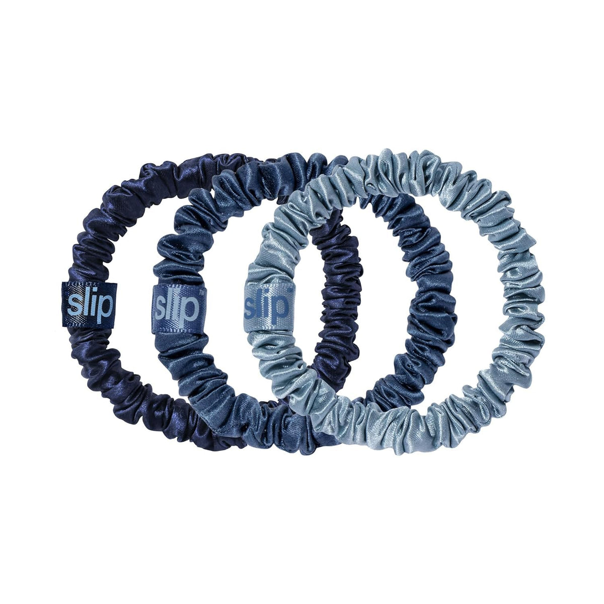 SLIP front view of three skinny silk scrunchies showing colors and packaging benefits