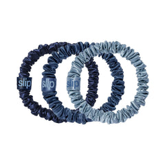 SLIP front view of three skinny silk scrunchies showing colors and packaging benefits