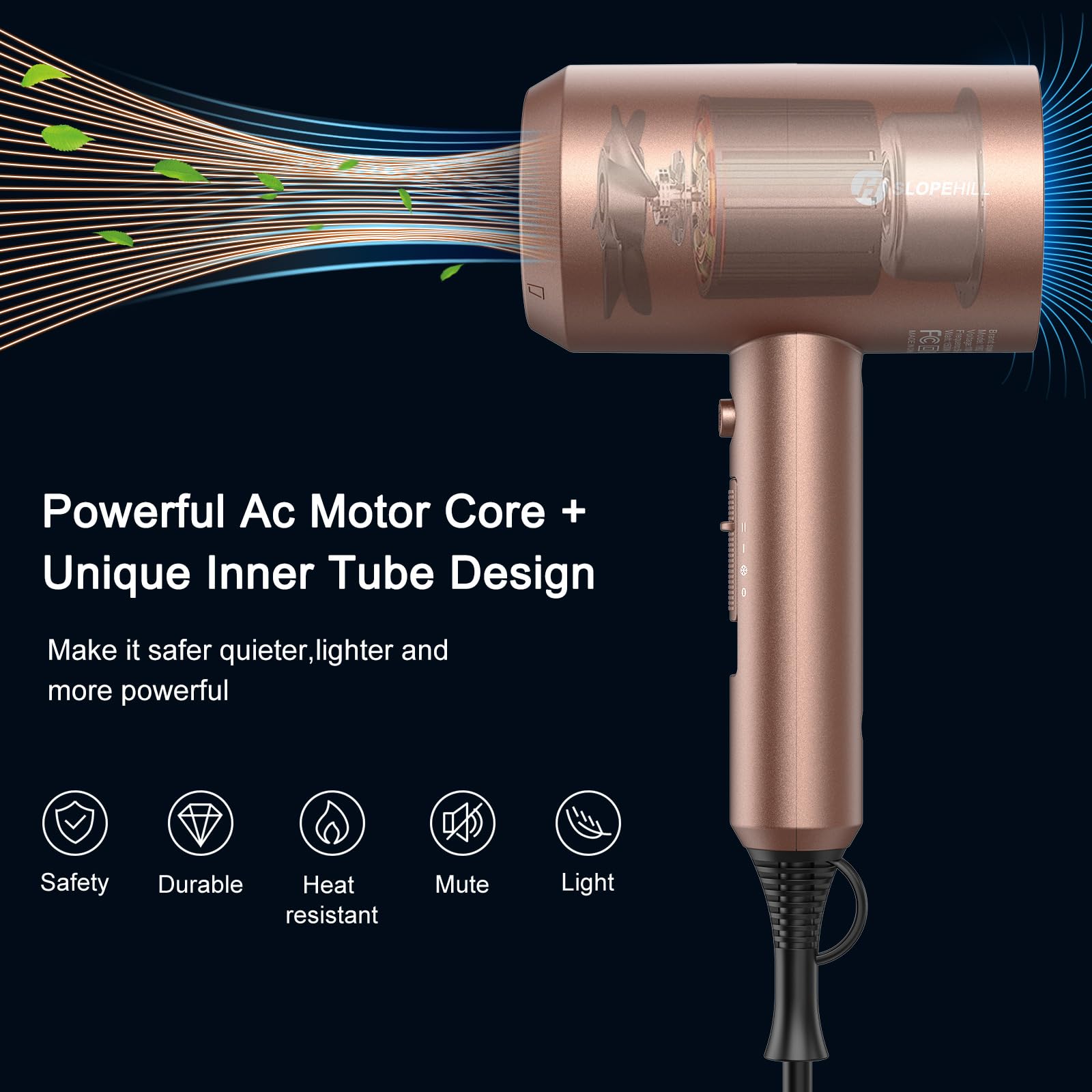 slopehill motor detail highlighting 1800W power for quicker drying and consistent airflow