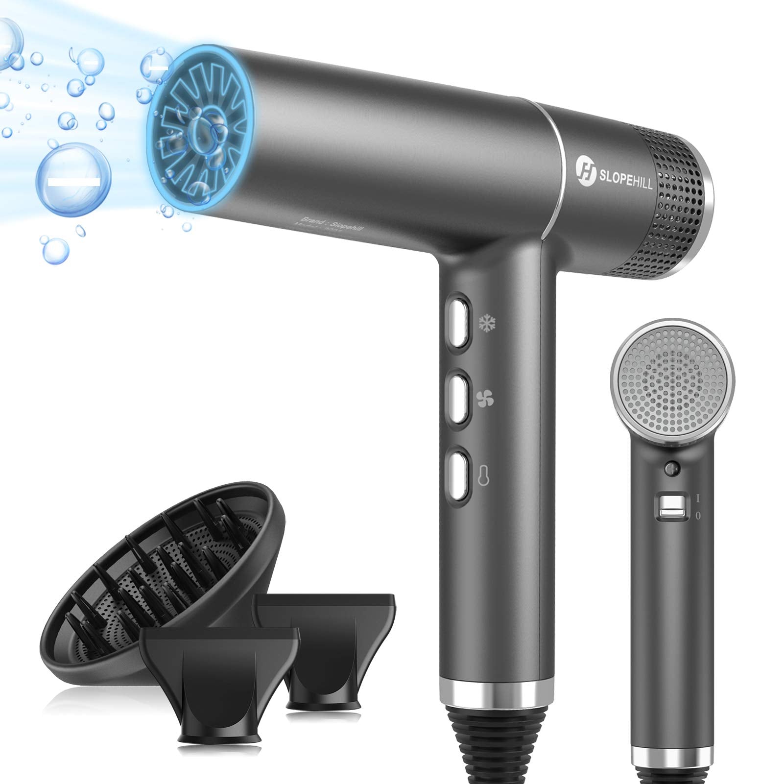 slopehill front view of grey hair dryer showing compact design and fast drying benefit