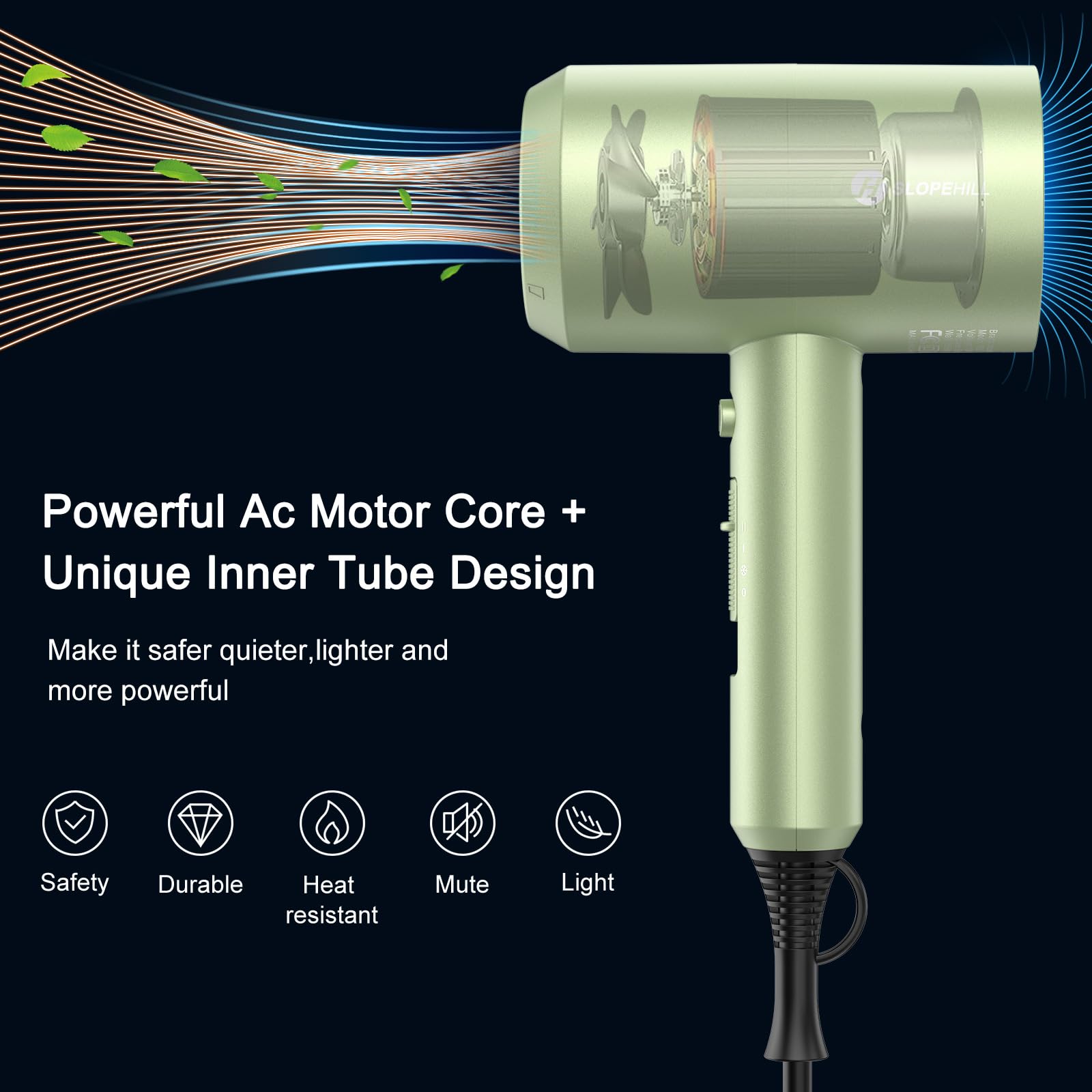 slopehill hair dryer side profile with attached concentrator demonstrating precise styling control