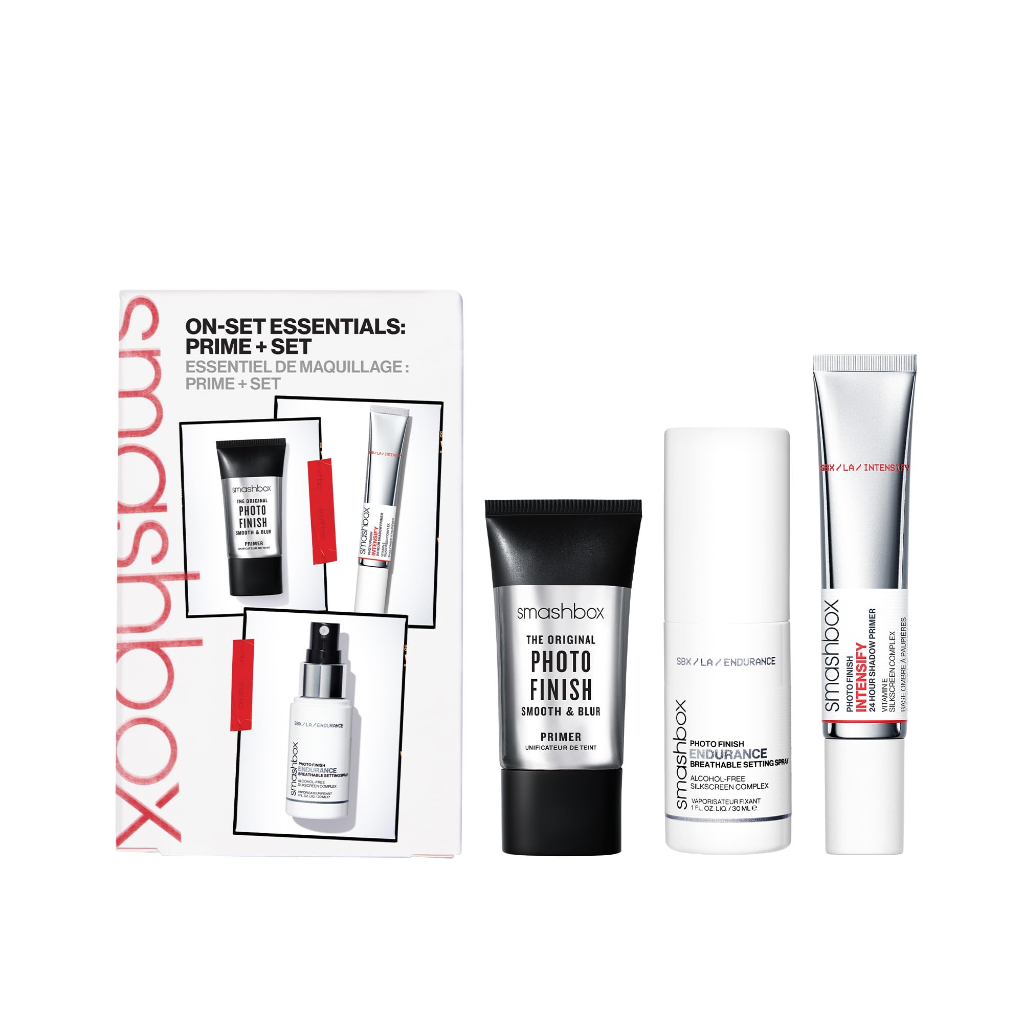 Smashbox kit front packaging showing all three travel essential pieces for convenience