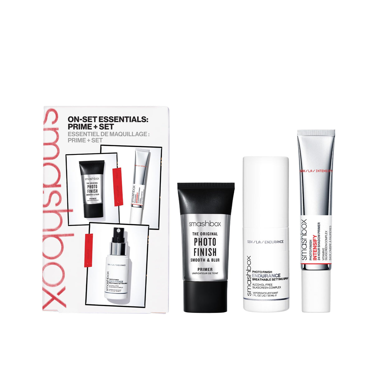 Smashbox kit front packaging showing all three travel essential pieces for convenience