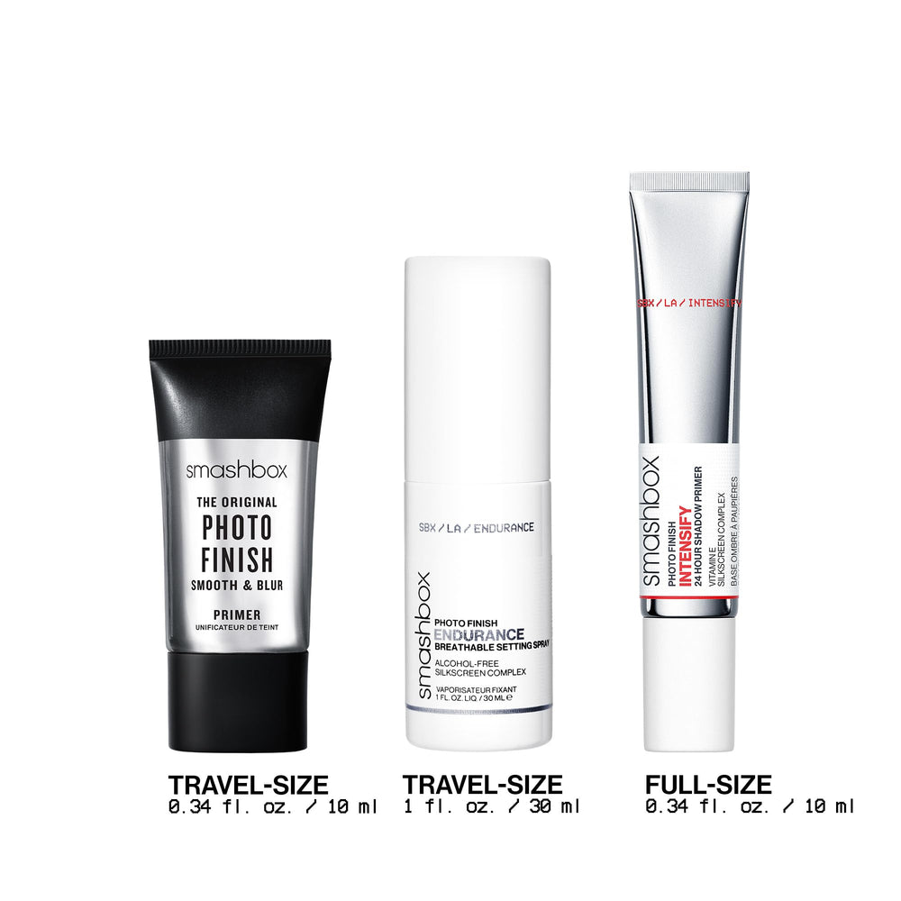 Smashbox scale comparison with hand to illustrate compact travel-friendly sizes