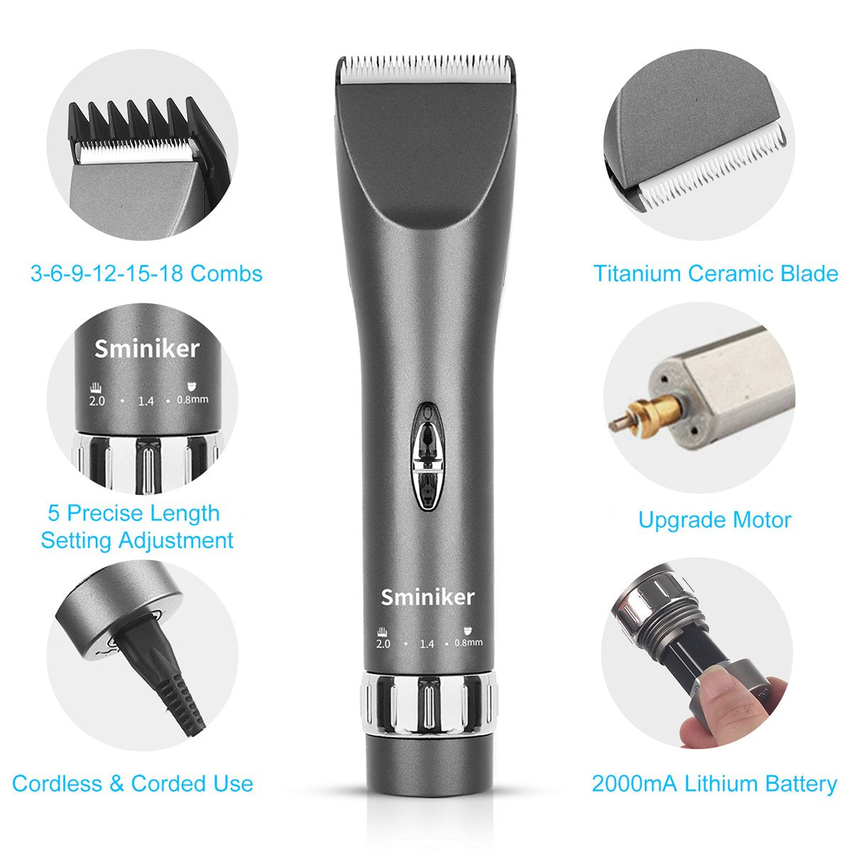 SMINIKER USB cable plugged into clippers highlighting fast rechargeable convenience