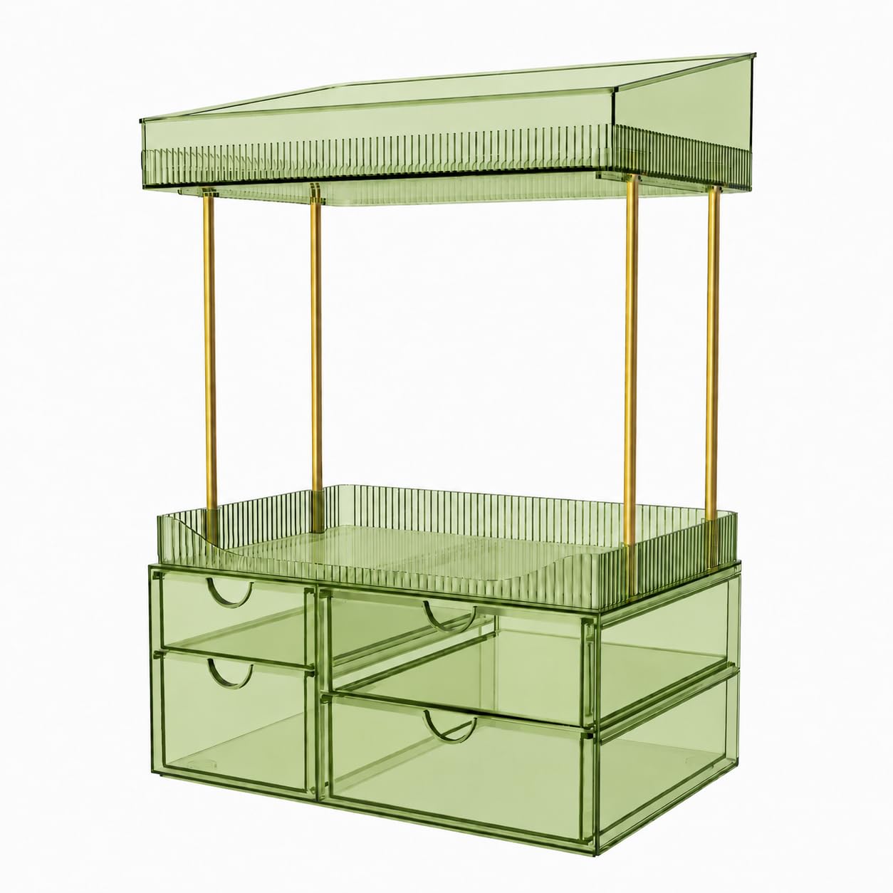 SNSLXH front view of clear green 4-tier organizer showing tidy cosmetics and accessibility