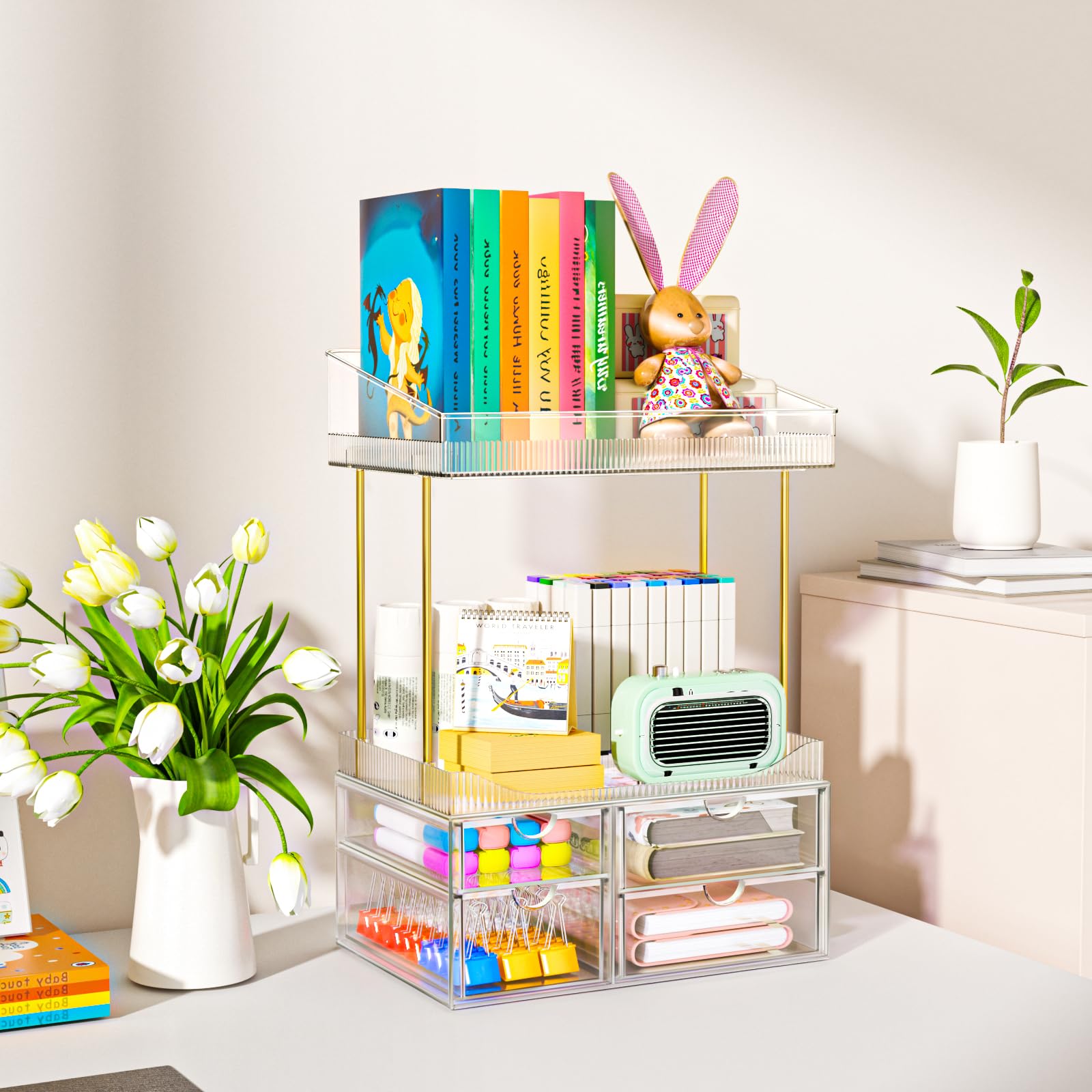 SNSLXH on bathroom vanity styled with skincare, showing organized routine benefit
