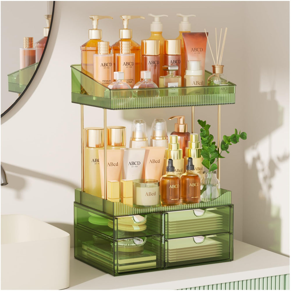 SNSLXH organizer on a bathroom vanity showing space-saving and tidy counter benefit