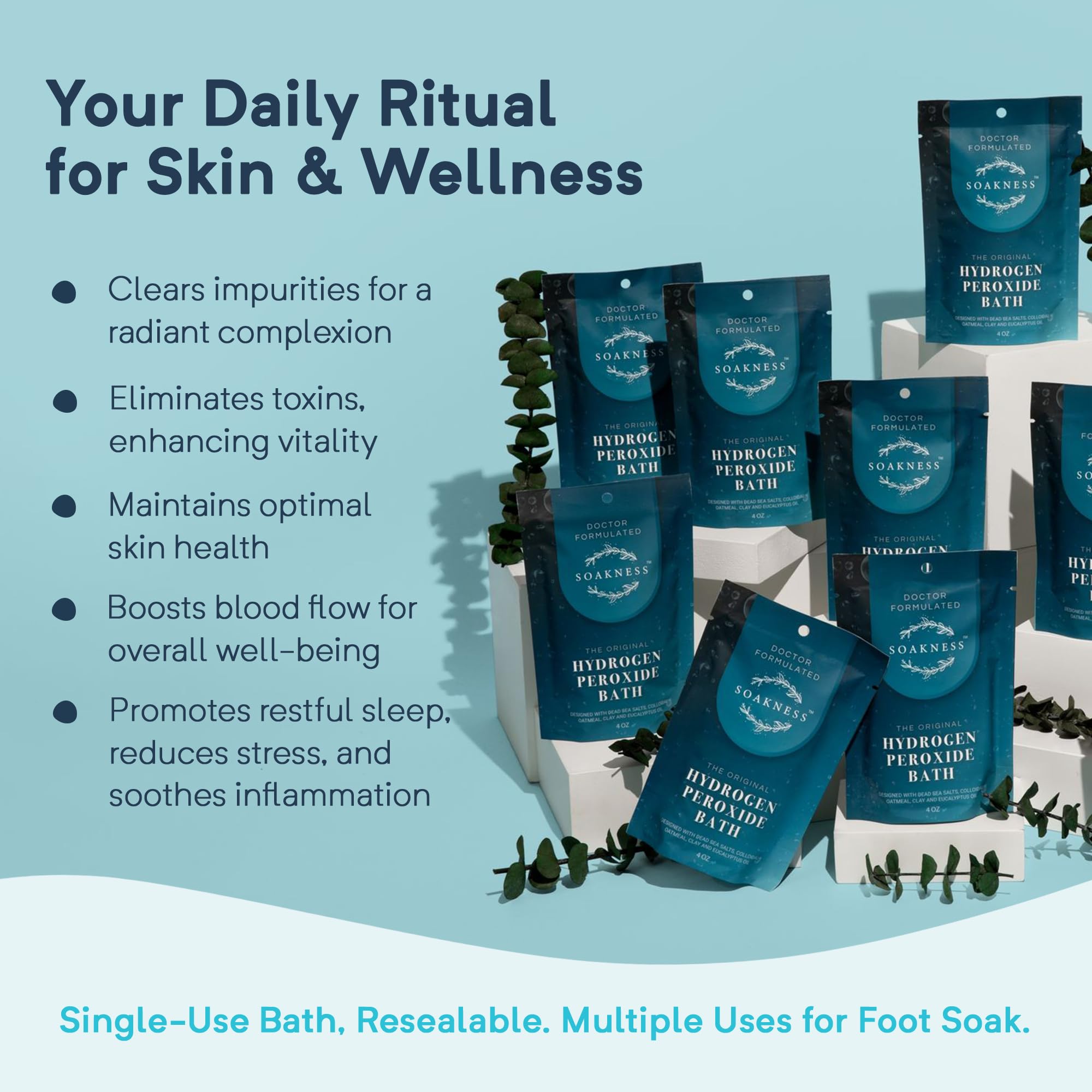 Soakness package beside common objects for size and quantity clarity