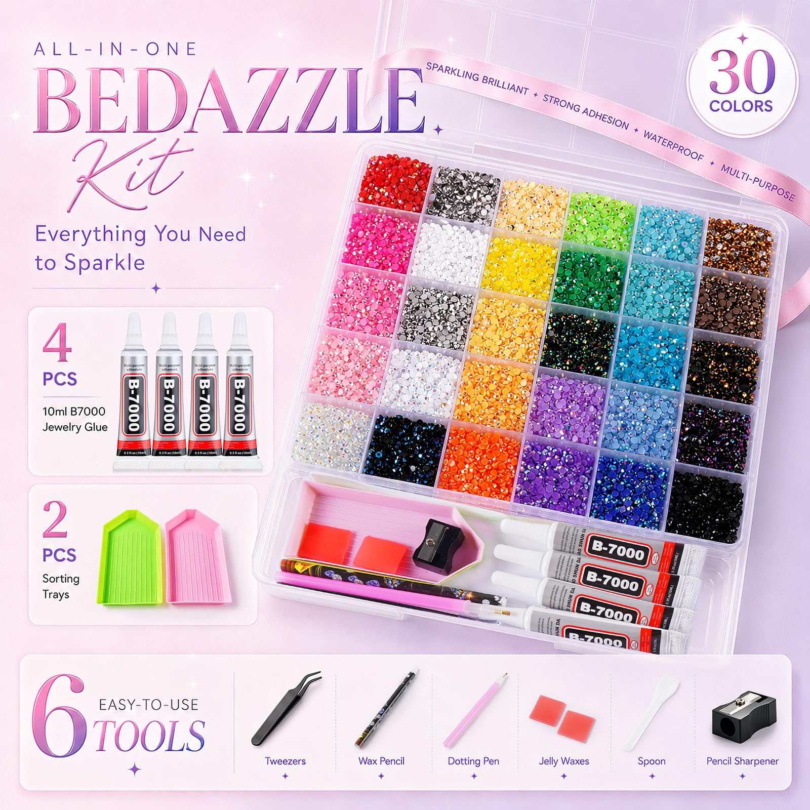 SOANNY tools and four B7000 glue tubes displayed for precise gem placement