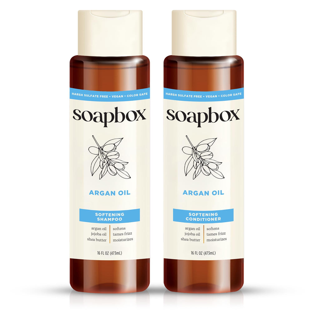 Soapbox front packaging of argan oil vanilla set highlighting duo benefits