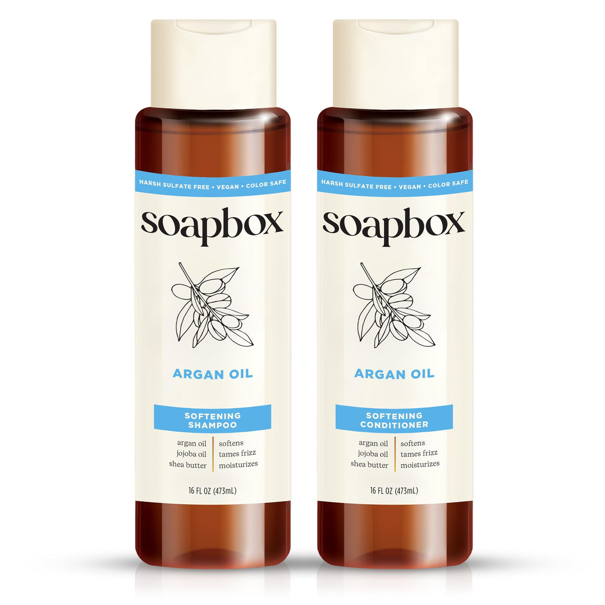 Soapbox front packaging of argan oil vanilla set highlighting duo benefits