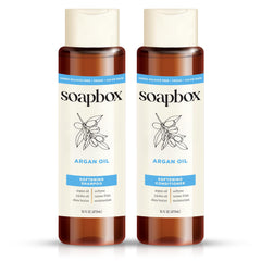 Soapbox front packaging of argan oil vanilla set highlighting duo benefits