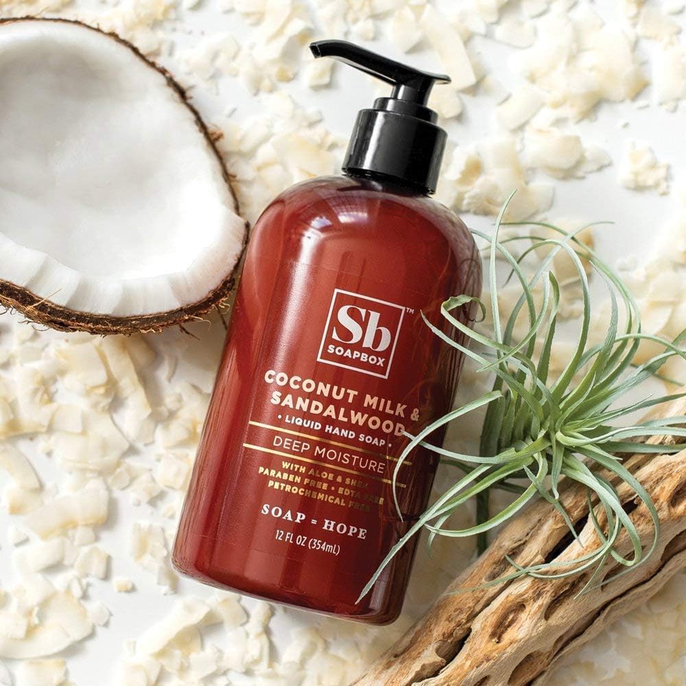 Soapbox bottle on bathroom counter showing calming Lavender benefit