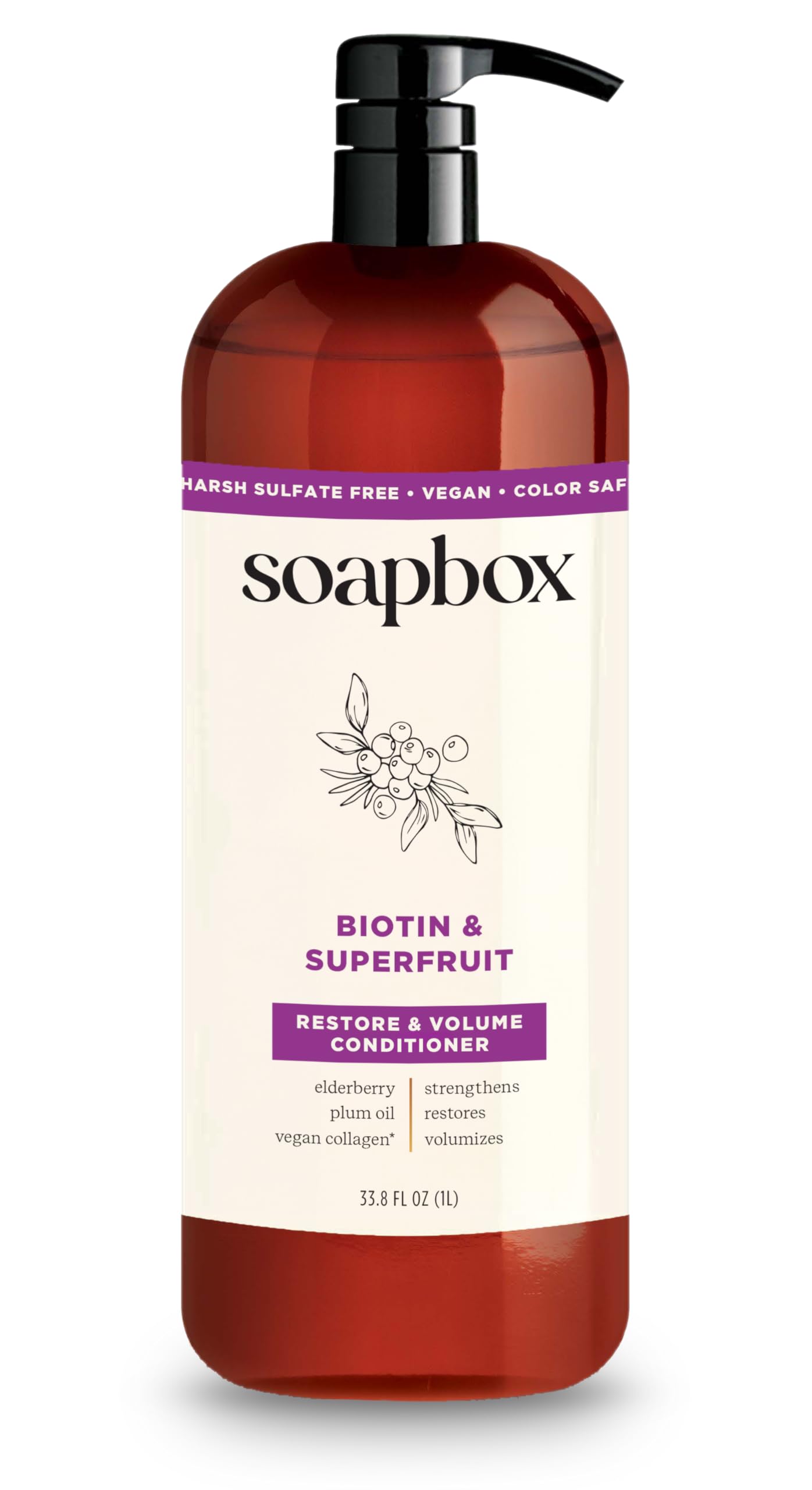 Soapbox pump bottle front view showing product and brand for shelf appeal