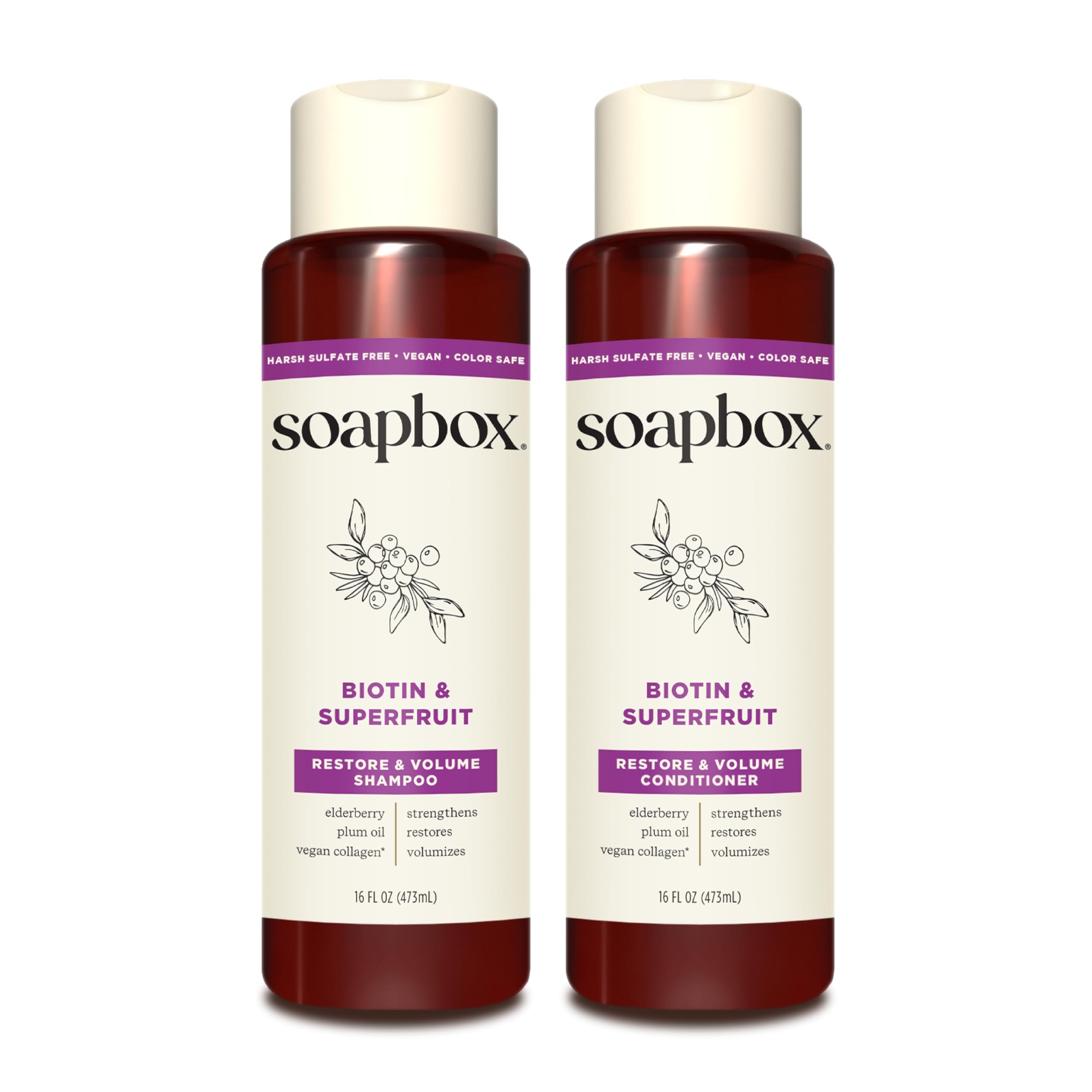 Soapbox front packaging showing shampoo and conditioner, promotes volume