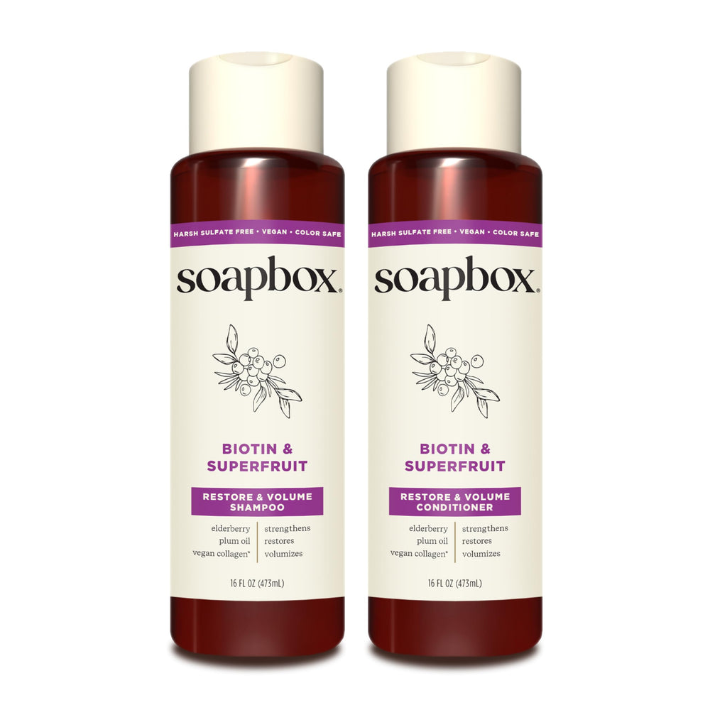 Soapbox front packaging showing shampoo and conditioner, promotes volume