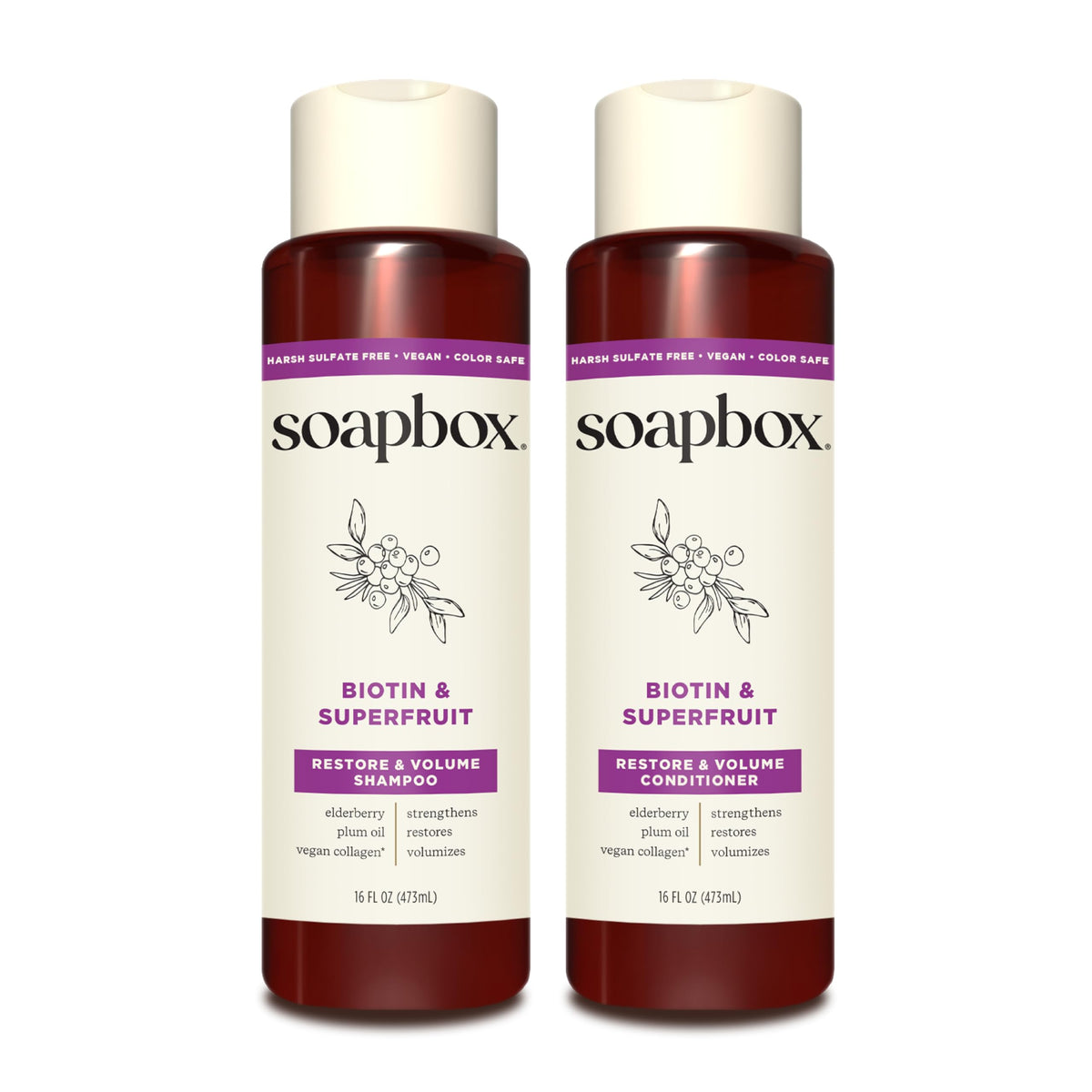 Soapbox front packaging showing shampoo and conditioner, promotes volume