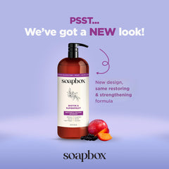 Soapbox Biotin creamy lather texture highlighting nourishing ingredients