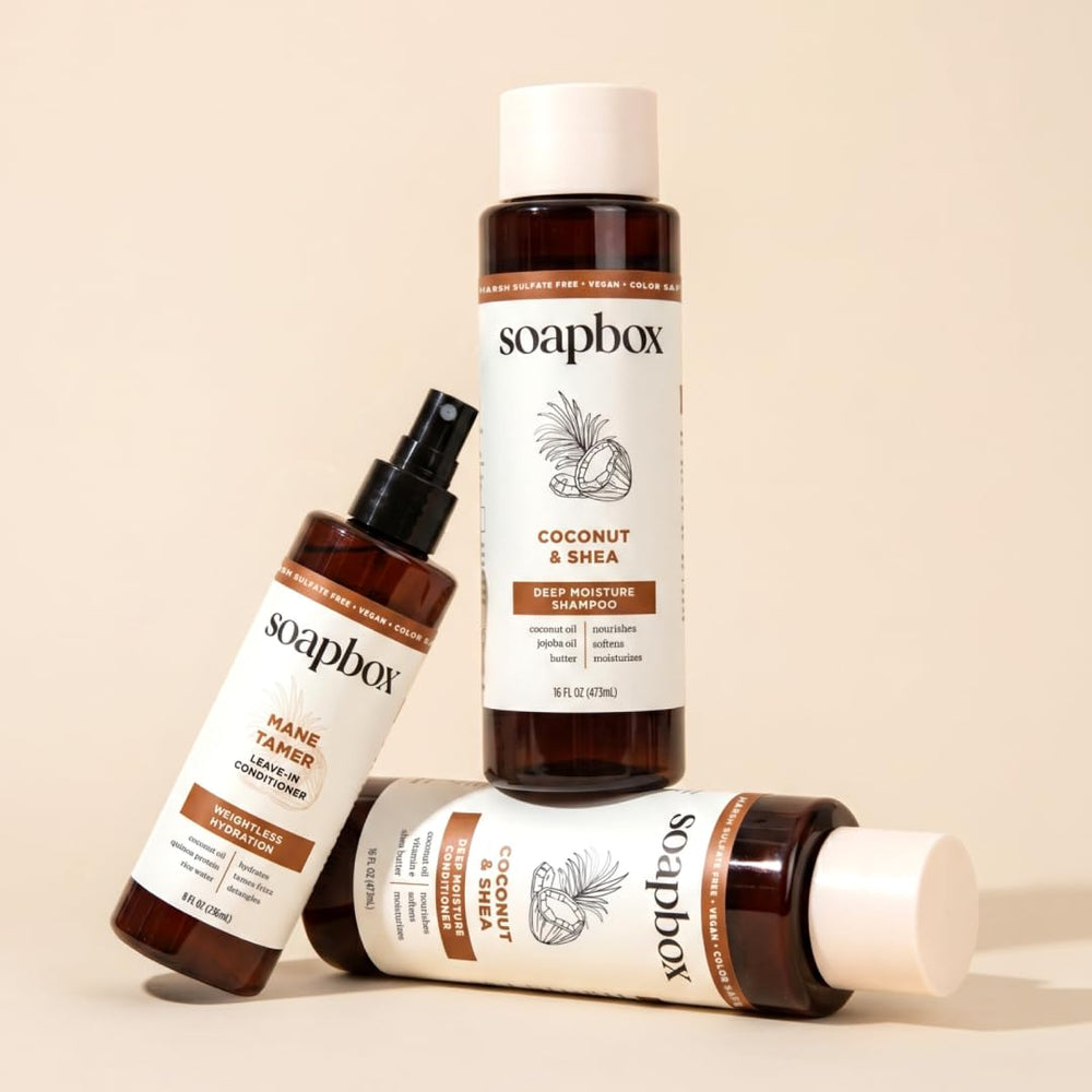 Soapbox bottles beside a ruler showing 16oz scale, size clarity benefit