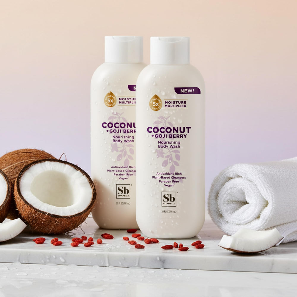 Three Soapbox Coconut & Goji Berry bottles side-by-side emphasizing value pack and consistency