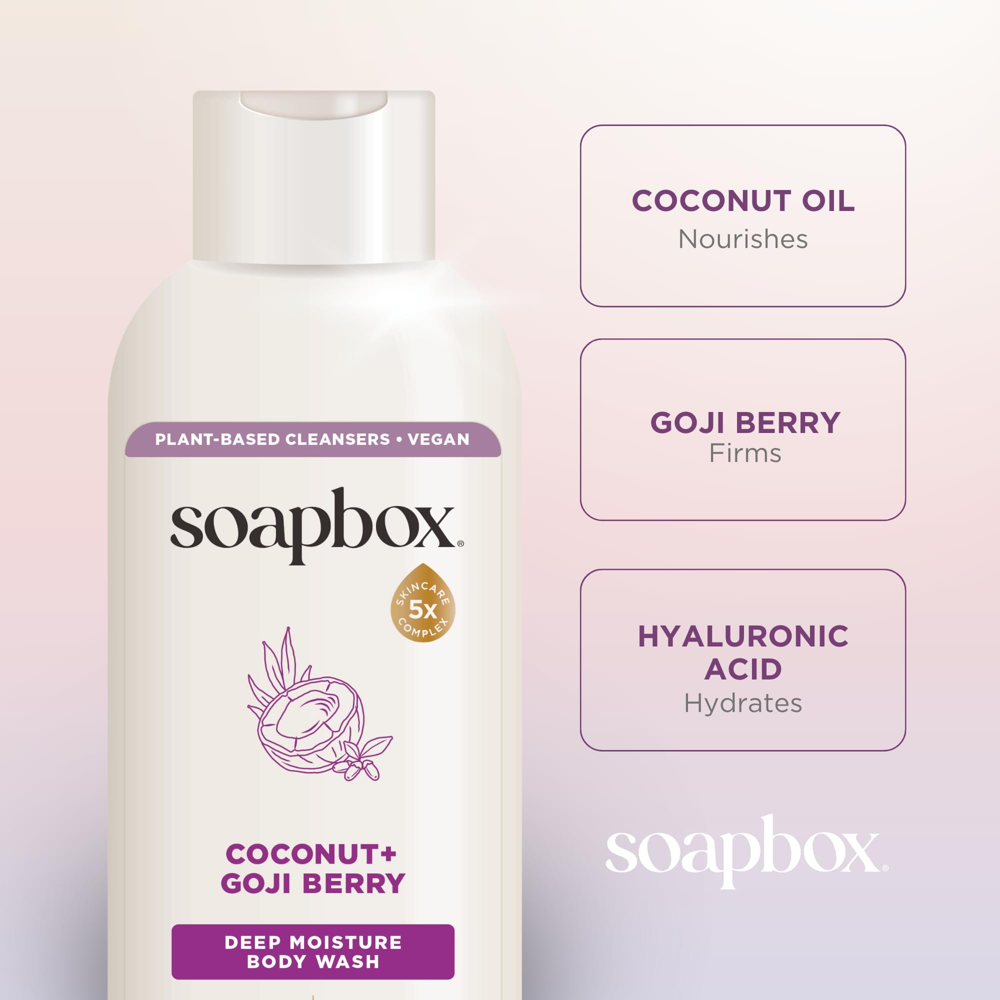 Close-up of coconut, goji berry, and shea butter ingredients beside Soapbox bottle signifying nourishing benefits