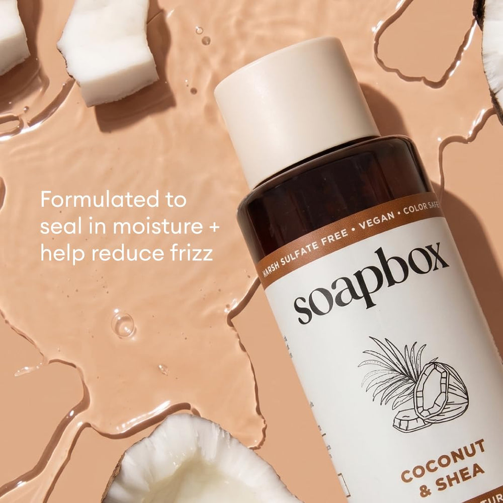 Soapbox conditioner bottle close-up label showing moisturizing claims, detangling benefit