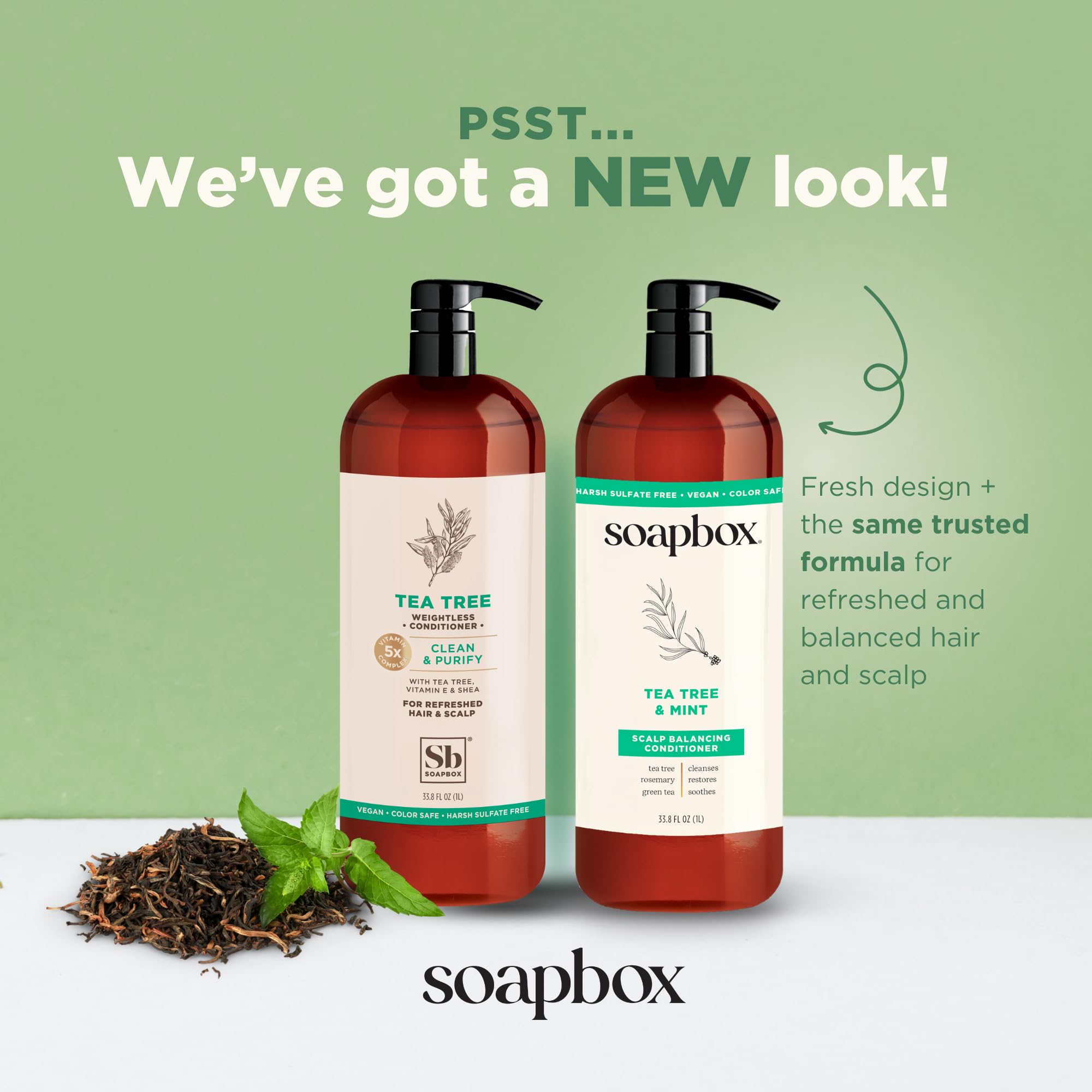 Soapbox ingredients label close-up highlighting tea tree and rosemary benefits