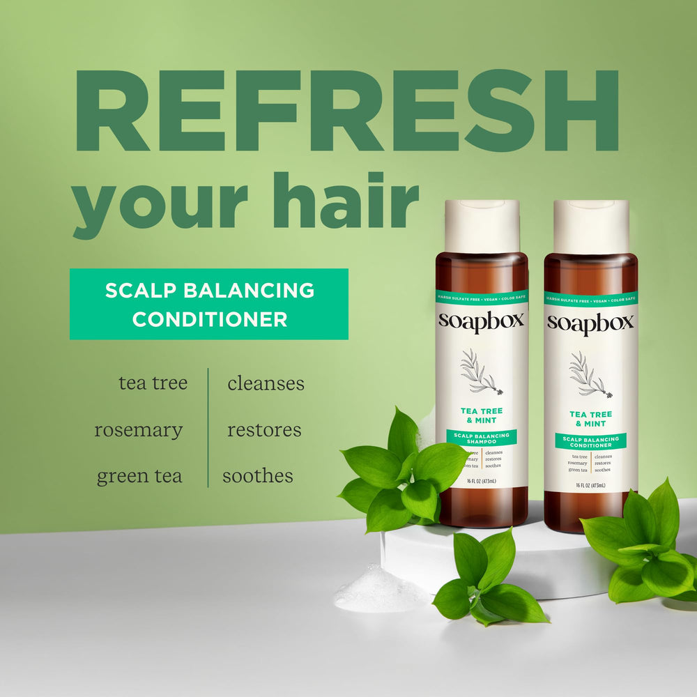 Soapbox conditioner on shelf in bathroom suggesting everyday refreshing use