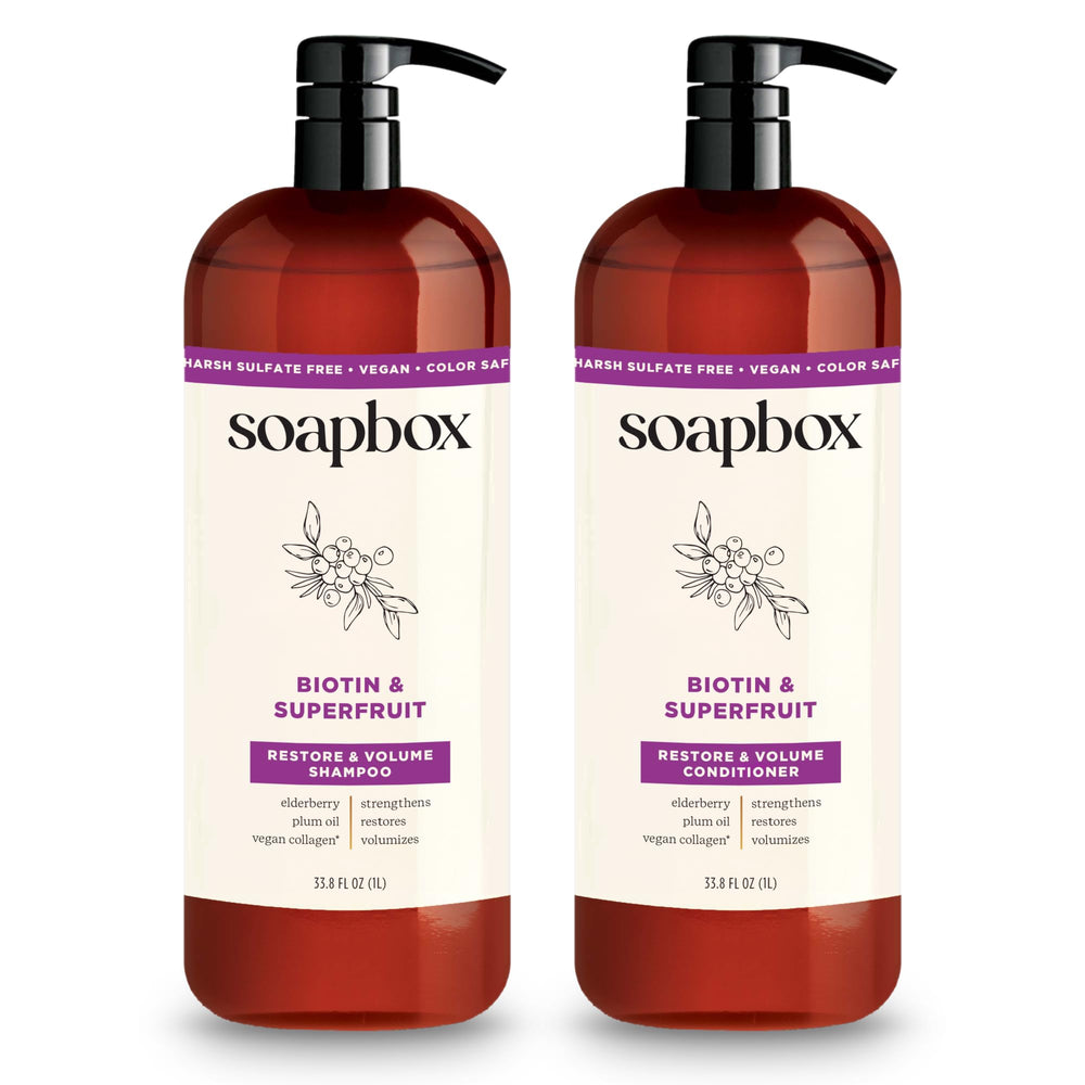 Soapbox front packaging showing 1L biotin and super fruit duo for fuller hair
