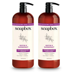 Soapbox front packaging showing 1L biotin and super fruit duo for fuller hair