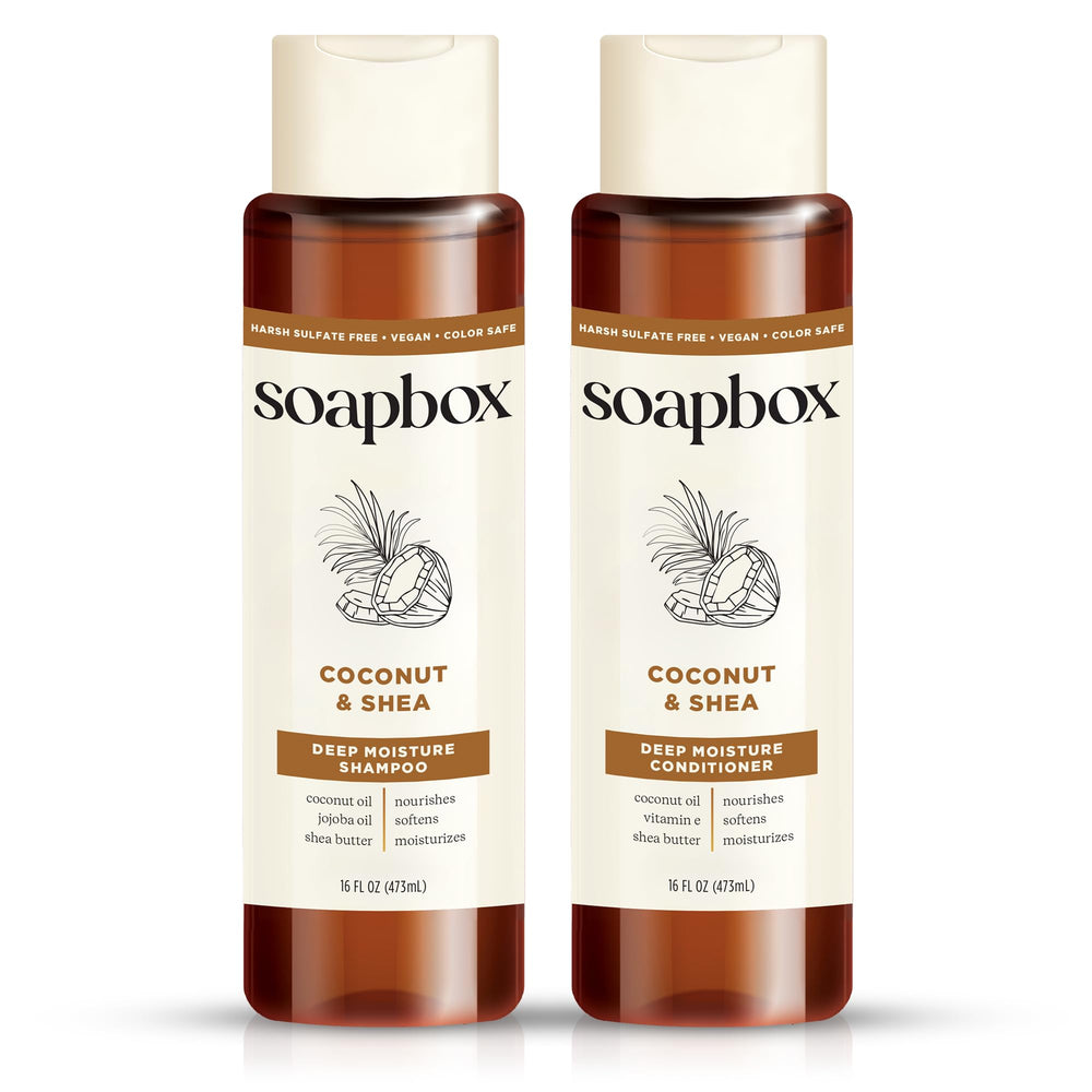Soapbox front packaging showing both 16oz shampoo and conditioner, hydrating benefit