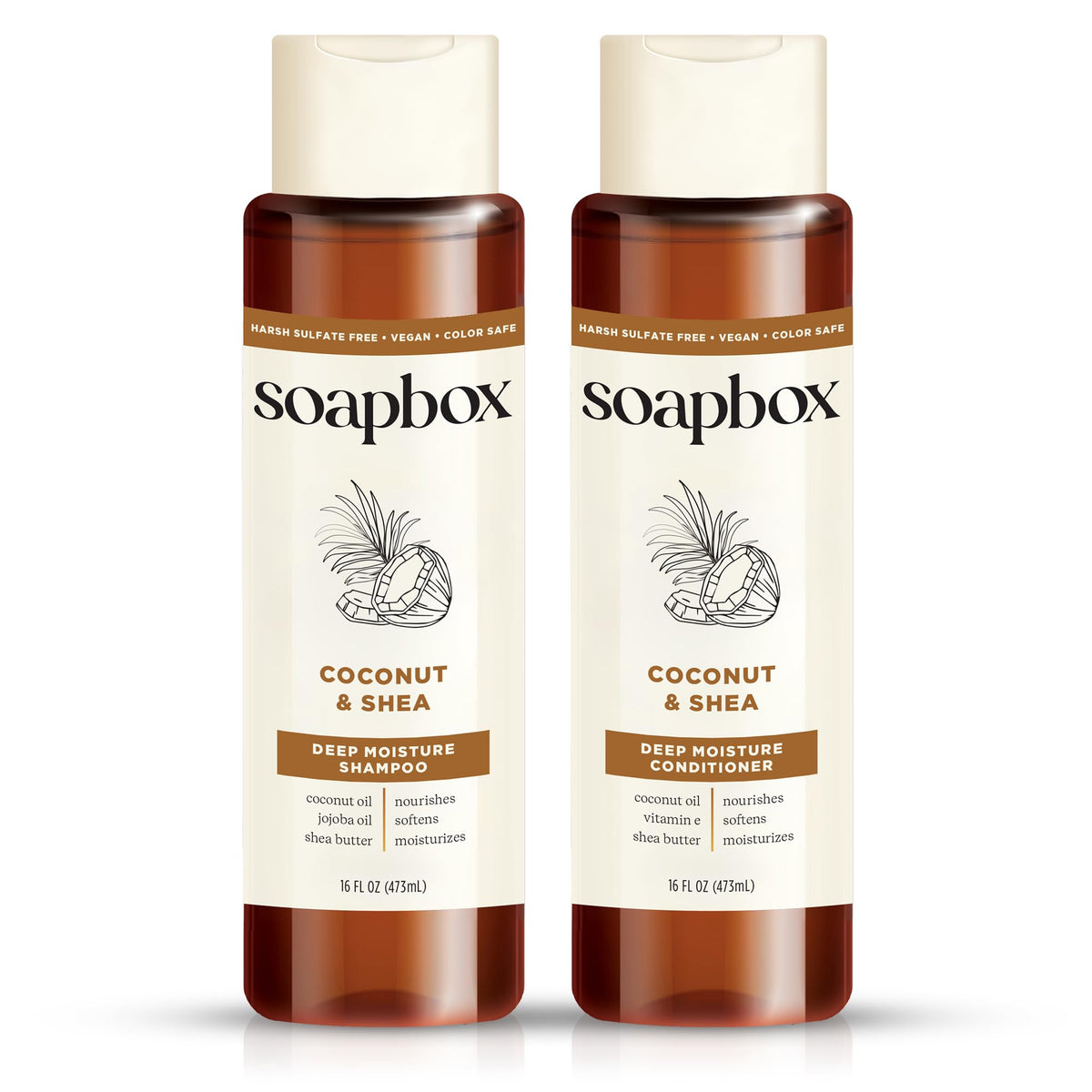 Soapbox front packaging showing both 16oz shampoo and conditioner, hydrating benefit