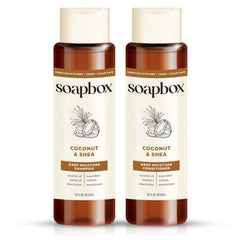 Soapbox front packaging showing both 16oz shampoo and conditioner, hydrating benefit
