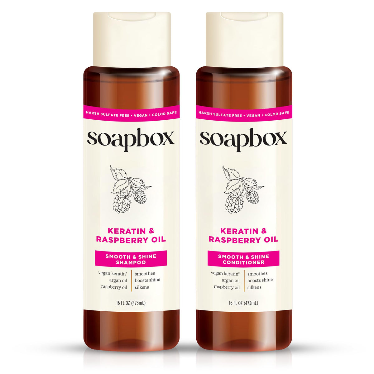 Soapbox front packaging showing shampoo and conditioner and clear product benefits