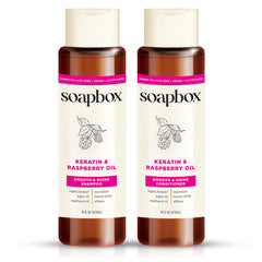 Soapbox front packaging showing shampoo and conditioner and clear product benefits