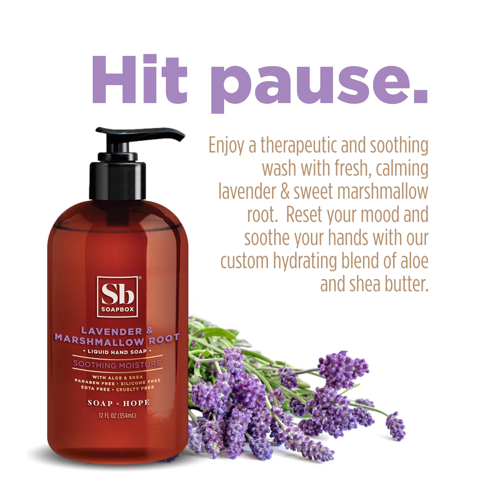 Soapbox hand pumping soap illustrating easy use and hydrated skin benefit