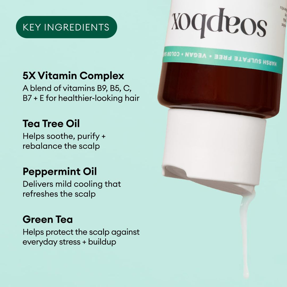 Soapbox label close-up highlighting tea tree and mint ingredients