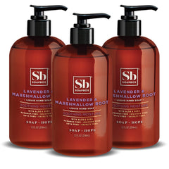 Soapbox front packaging showing three lavender marshmallow hand wash bottles and calming scent
