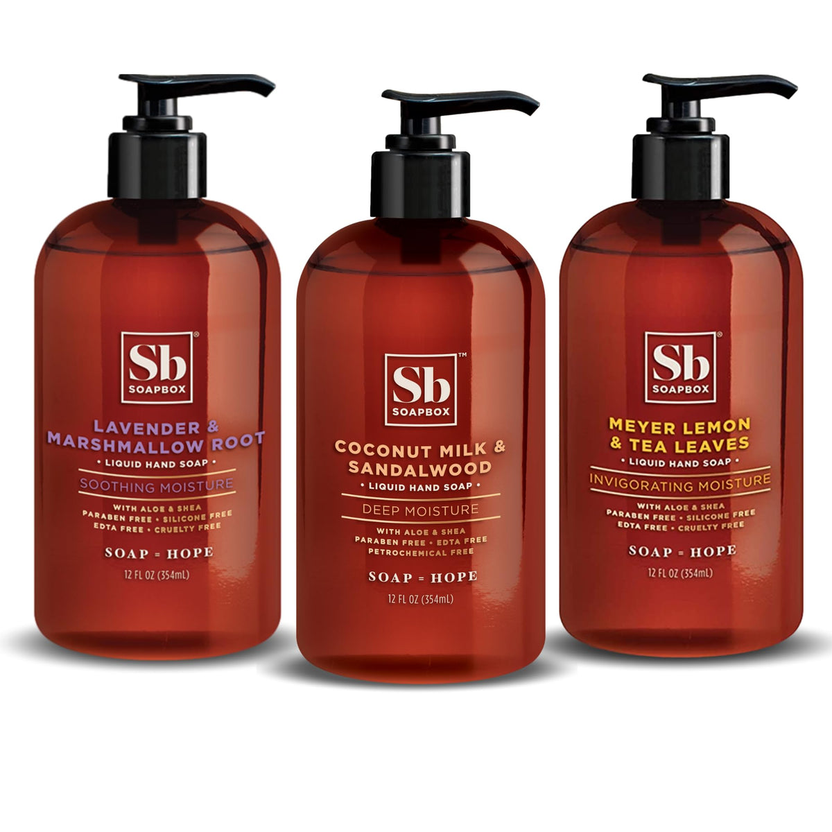 Soapbox front view showing three scents and gentle moisturizing benefits