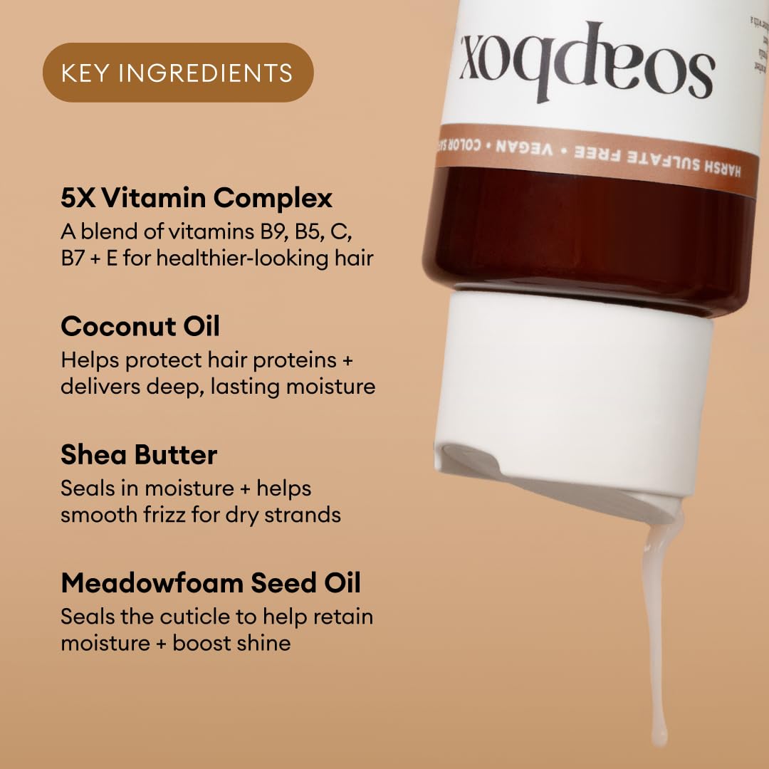 Soapbox conditioner poured into a hand, smoothing and softening benefit