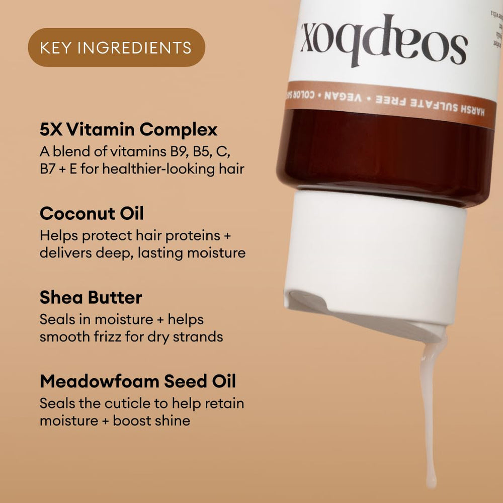 Soapbox conditioner poured into a hand, smoothing and softening benefit
