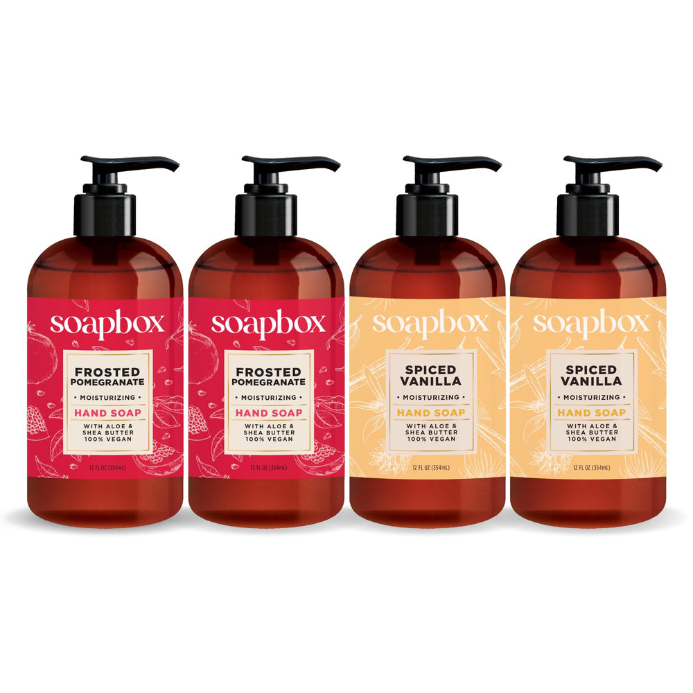 Soapbox front packaging showing spiced vanilla and pomegranate scent and festive label benefit: seasonal freshness