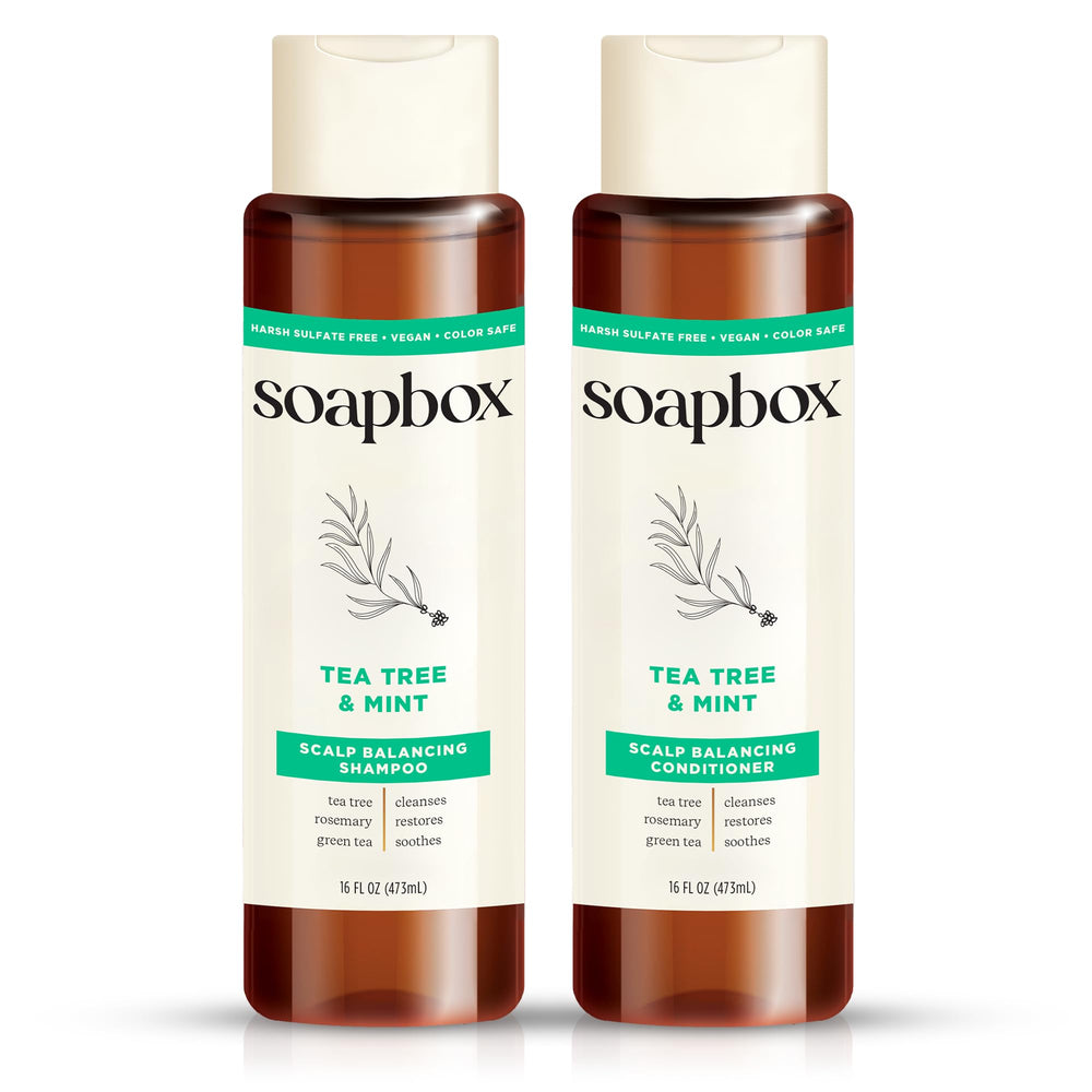 Soapbox front packaging showing tea tree and mint benefits