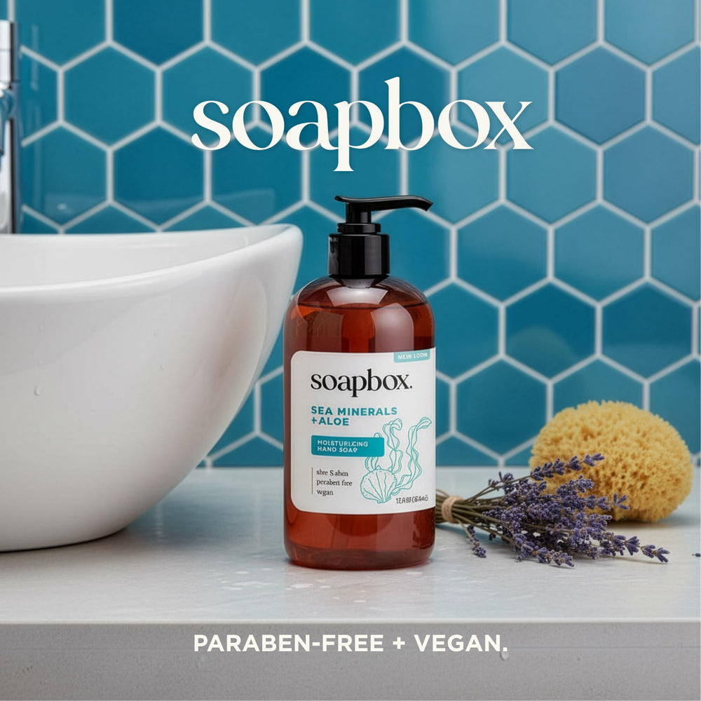Soapbox three-pack staged at sinks for convenience and refill value